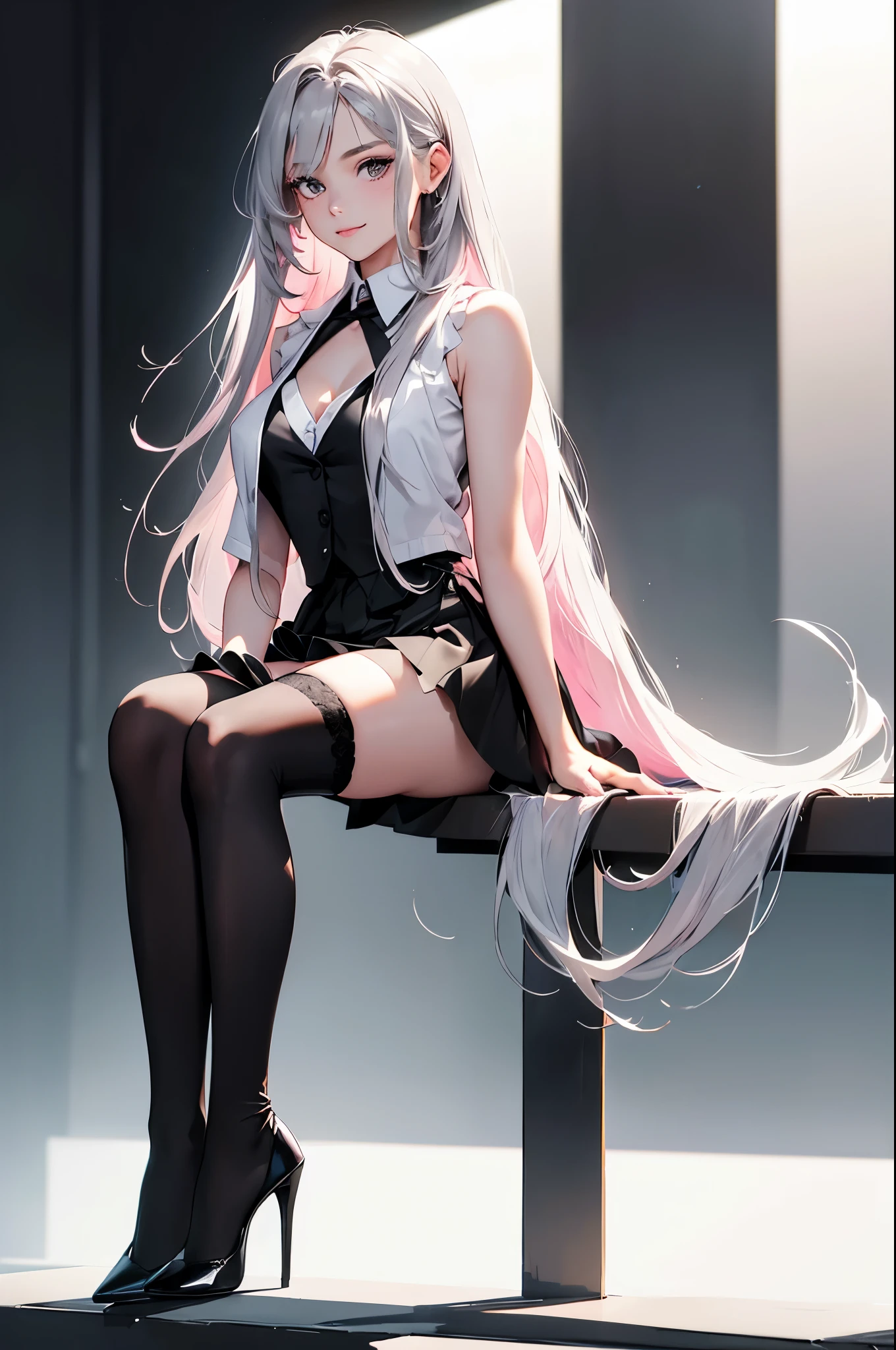 (highres,4k,8k,masterpiece:1.2), 1 girl, ((long flowing silver hair)), ((she is wearing a black unbuttoned sleeveless vest, with no under shirt, a vibrant pink skirt, and black thigh highs)), ((full body)). She is wearing elegant high heels, adding a touch of sophistication to her appearance, simple smile, eyeliner, long eyelashes, (cleavage), ((medium chest)), sitting, facing forward,