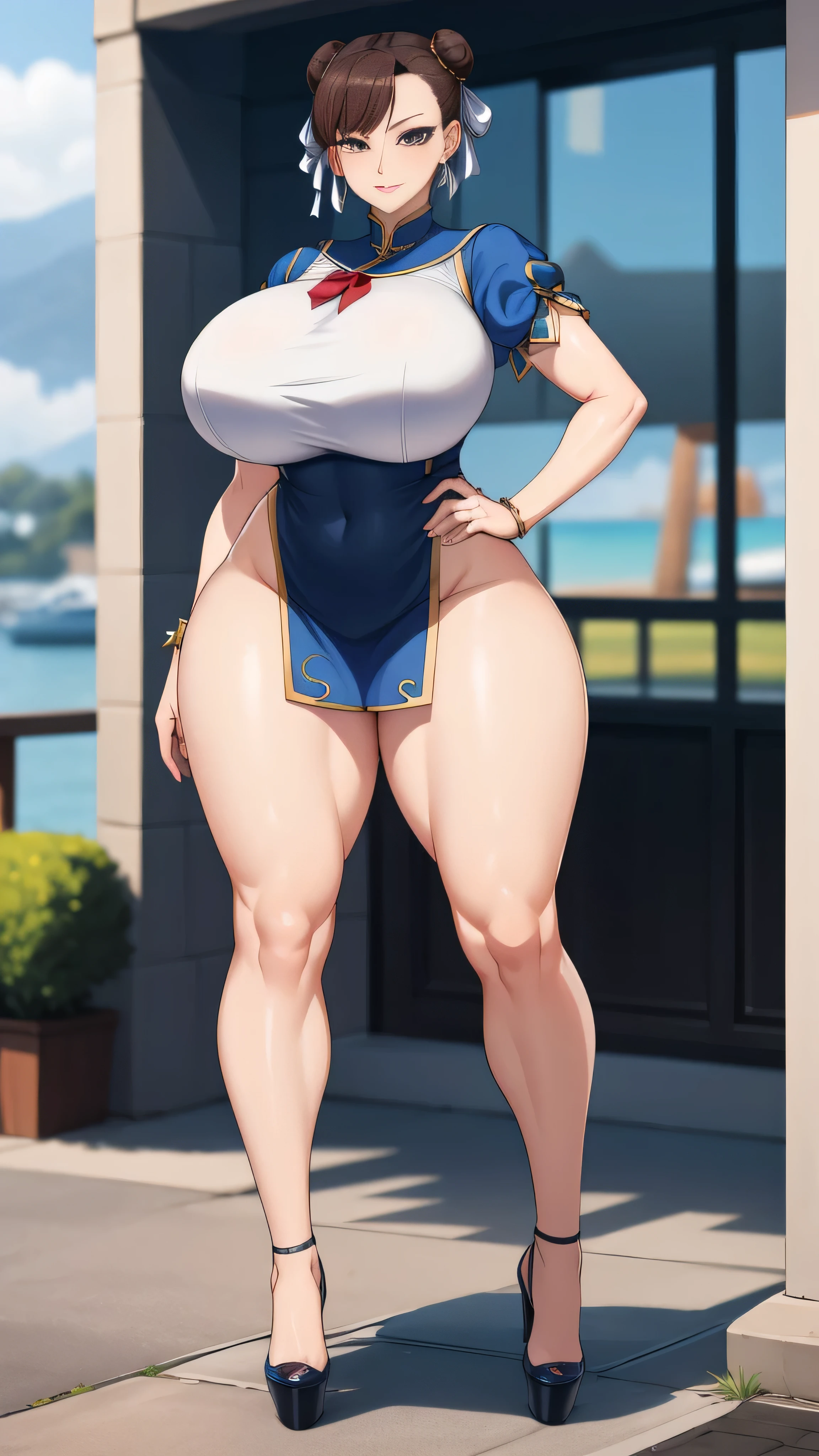 Big Breasts, Big Hips, Full Body Shot, Mature mother, Voluptuous thighs, A cow, Seductive mature woman, Perfect body, Plus Size Model, Sailor suit, Wearing high heels,Miniskirt Uniform, Chunli,