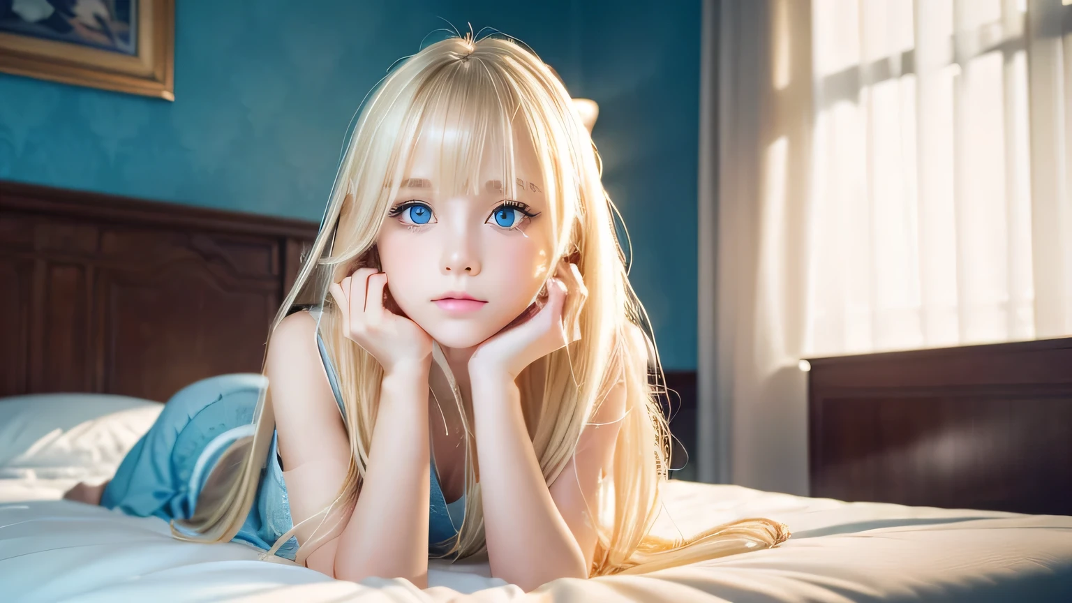 A very white and beautiful 20-year-old blonde girl、Mastepiece, Best Quality, Illustration, Ultra-detailed fine details, Natural platinum blonde with a natural shine、Super long straight silky hair、Super long Rapunzel hair、disheveled bangs above the eyes,、Bangs that cover the face、Hair worn in front、High resolution, 8K Denden Wallpaper, Perfect dynamic composition, Beautifully detailed large light blue eyes , Very big eyes、of hotel(Bed)、Small Face Beauty、Round face、On all fours、Double eyelids