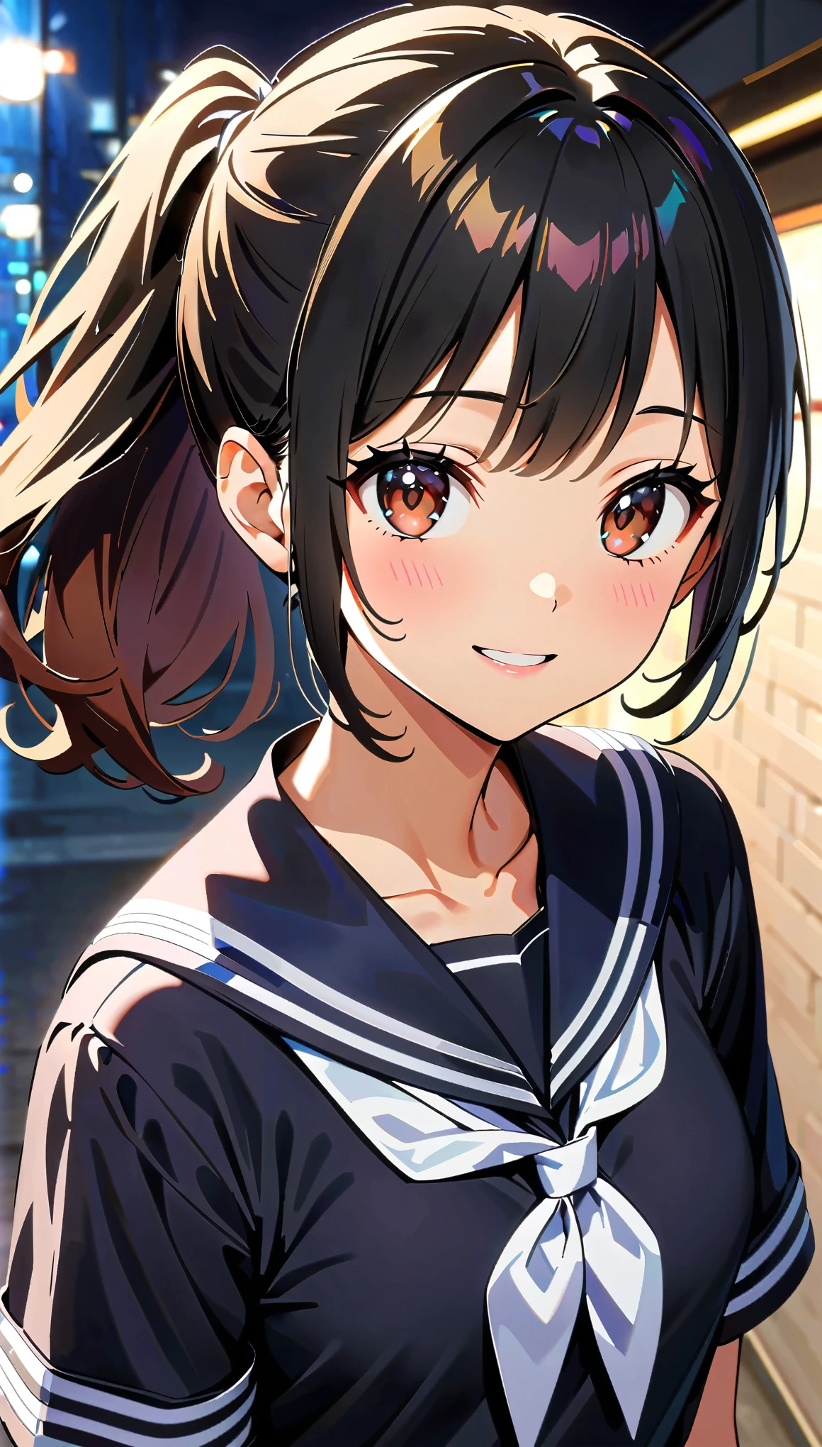 (highest quality, 4k, High resolution, masterpiece:1.2), Very detailed, (anime, animeスタイル:1.37), Cinematic Light, Bright colors and fascinating effects, Soft and delicate lighting, Gentle glow, Lens flare, The whole scene has a beautiful and gentle atmosphere., 1 female, jk, (Black Hair, ponytail, Reddish brown eyes), Happy expression, (Very detailedな顔, Very soft lips detail, Fine grain, double eyelid, Random Pause:1.5, Black socks, Hands in the crotch, Cowboy Shot, Sailor suit, Glowing Skin, Perfect Fingers, Five Fingers, Anatomically correct, Background bokeh,