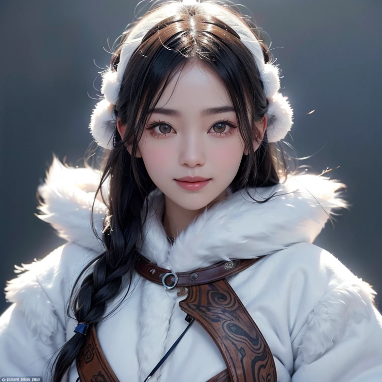 snow mountain、 ((highest quality、masterpiece、8k、best image quality、ultra high resolution、Award-winning work)、(accurate anatomy:1.1)、(look at me and smile:1.1)、Shining fair skin with ultra high resolution、most detailed face、ultra high resolution detailed face、white short hair blowing 、(ultra high resolutionの煌めく瞳:1.1)、Beautiful face drawn in every detail、(blurred background:1.1)、warm Inuit clothing, tattoo, real wolfs beside