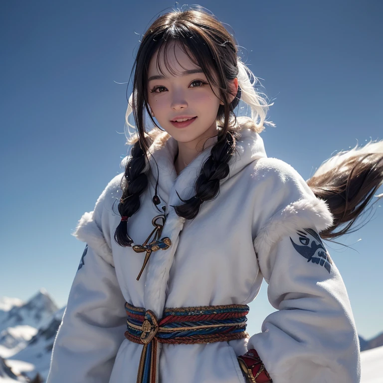 snow mountain、 ((highest quality、masterpiece、8k、best image quality、ultra high resolution、Award-winning work)、(accurate anatomy:1.1)、(look at me and smile:1.1)、Shining fair skin with ultra high resolution、most detailed face、ultra high resolution detailed face、white short hair blowing 、(ultra high resolutionの煌めく瞳:1.1)、Beautiful face drawn in every detail、(blurred background:1.1)、warm Inuit clothing, tattoo, real wolfs beside