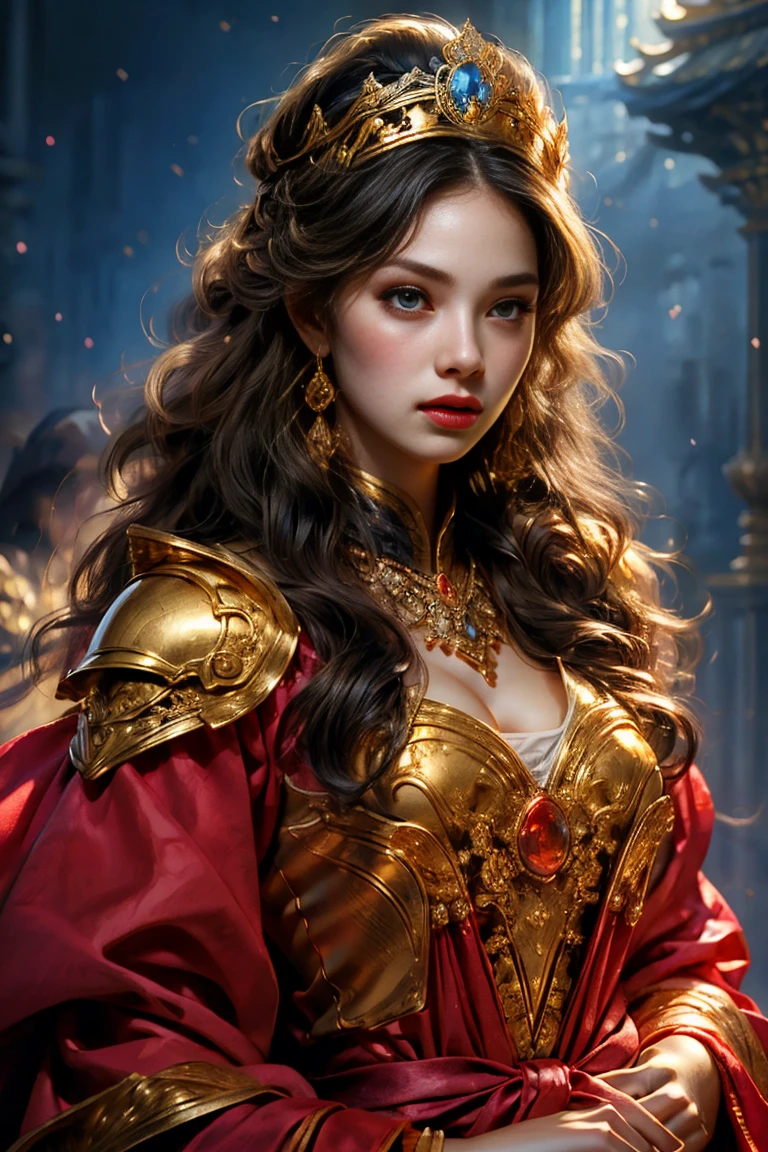 Black Armored Woman,Long hair,Hold the advanced sword in the right hand,Armor fighting scene,Very cute face,Very slim的身材,Very slim,Small waist,Super perfect,Perfect big round breasts,Smooth skin,Silky hair,blue eyes,16 years old,Red robe,Blue headscarf princess crown,Luxurious golden pattern armor,Blonde,fighting style,Red lips,blush,Erect nipples,Energetic,红blue eyes,Strong gaze,Seductive eye contact,Bright red iris,Shining deep blue stars,Sparkling eyes,Vibrant colors,(Facing forward:1.5),Fantasy Art,Beautiful illustrations,(Natural side light,Cinema Lighting),Looking at the audience,Upper Body,Highest quality,8K,high resolution,(masterpiece:1.2),Ultra Detailed,(front:1.9),(lifelike,Reality:1.6)