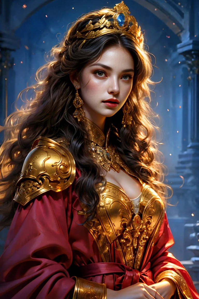 Black Armored Woman，Long hair，Hold the advanced sword in the right hand，Armor fighting scene，Very cute face，Very slim的身材，Very slim，Small waist，Super perfect，Perfect big round breasts，Smooth skin，Silky hair，blue eyes，************，Red robe，Blue headscarf princess crown，Luxurious golden pattern armor，Blonde，fighting style，Red lips，blush，Erect nipples，Energetic，红blue eyes，Strong gaze，Seductive eye contact，Bright red iris，Shining deep blue stars，Sparkling eyes，Vibrant colors，(Facing forward:​​1.5)，Fantasy Art，Beautiful illustrations，(Natural side light，Cinema Lighting)，Looking at the audience，Upper Body，Highest quality，8K，high resolution，(masterpiece:1.2)，Ultra Detailed，(front:1.9)，(lifelike，Reality:1.6)