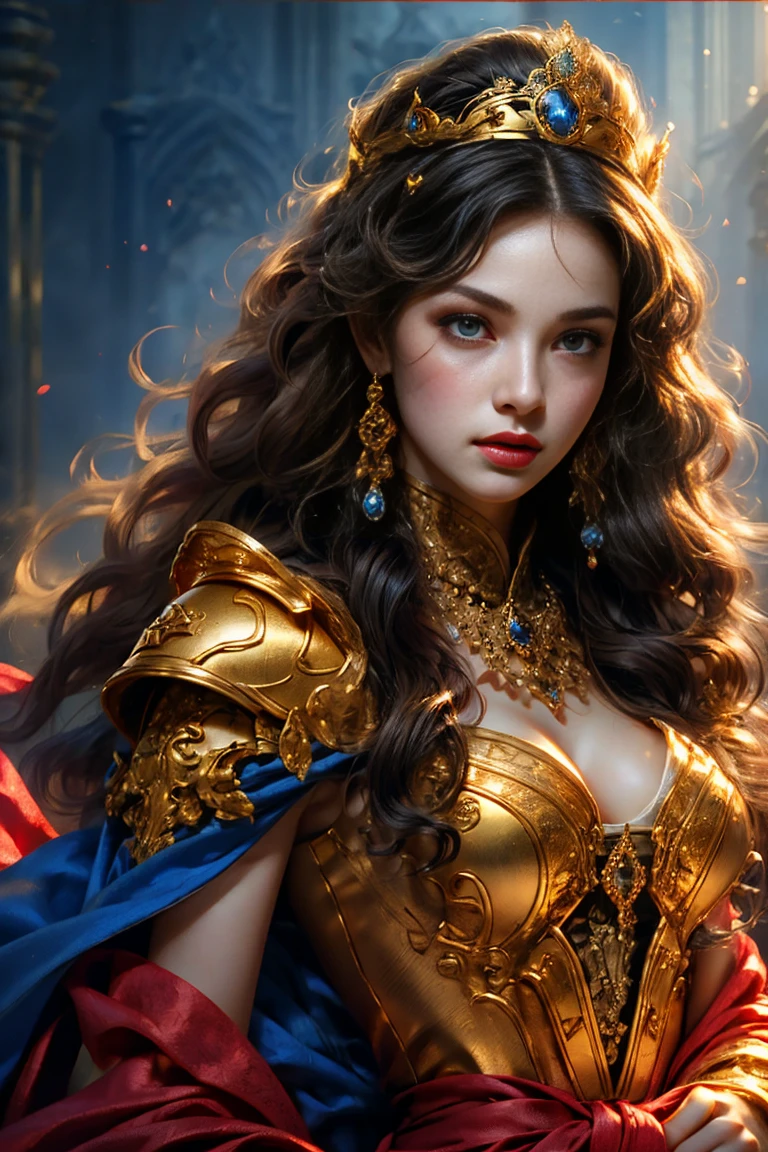 Black Armored Woman，Long hair，Hold the advanced sword in the right hand，Armor fighting scene，Very cute face，Very slim的身材，Very slim，Small waist，Super perfect，Perfect big round breasts，Smooth skin，Silky hair，blue eyes，************，Red robe，Blue headscarf princess crown，Luxurious golden pattern armor，Blonde，fighting style，Red lips，blush，Erect nipples，Energetic，红blue eyes，Strong gaze，Seductive eye contact，Bright red iris，Shining deep blue stars，Sparkling eyes，Vibrant colors，(Facing forward:​​1.5)，Fantasy Art，Beautiful illustrations，(Natural side light，Cinema Lighting)，Looking at the audience，Upper Body，Highest quality，8K，high resolution，(masterpiece:1.2)，Ultra Detailed，(front:1.9)，(lifelike，Reality:1.6)