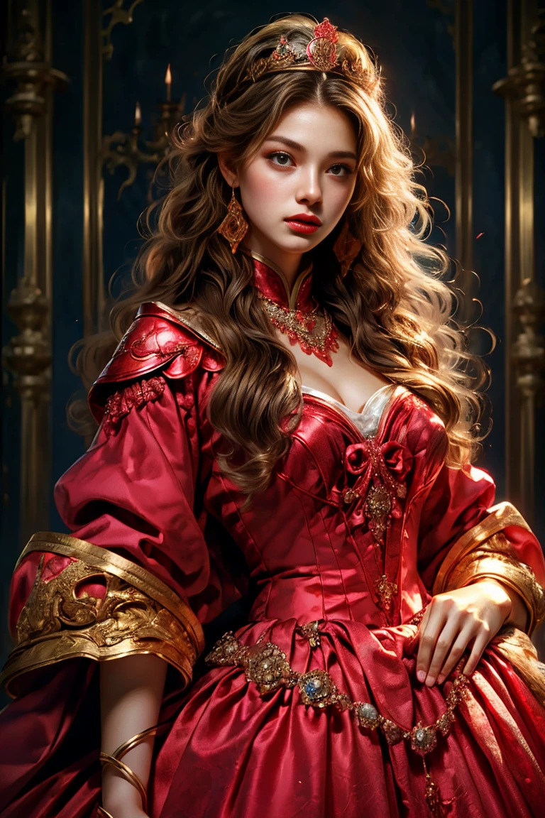 Black Armored Woman，Long hair，Hold the advanced sword in the right hand，Armor fighting scene，Very cute face，Very slim的身材，Very slim，Small waist，Super perfect，Perfect big round breasts，Smooth skin，Silky hair，blue eyes，************，Red robe，Blue headscarf princess crown，Luxurious golden pattern armor，Blonde，fighting style，Red lips，blush，Erect nipples，Energetic，红blue eyes，Strong gaze，Seductive eye contact，Bright red iris，Shining deep blue stars，Sparkling eyes，Vibrant colors，(Facing forward:​​1.5)，Fantasy Art，Beautiful illustrations，(Natural side light，Cinema Lighting)，Looking at the audience，Upper Body，Highest quality，8K，high resolution，(masterpiece:1.2)，Ultra Detailed，(front:1.9)，(lifelike，Reality:1.6)