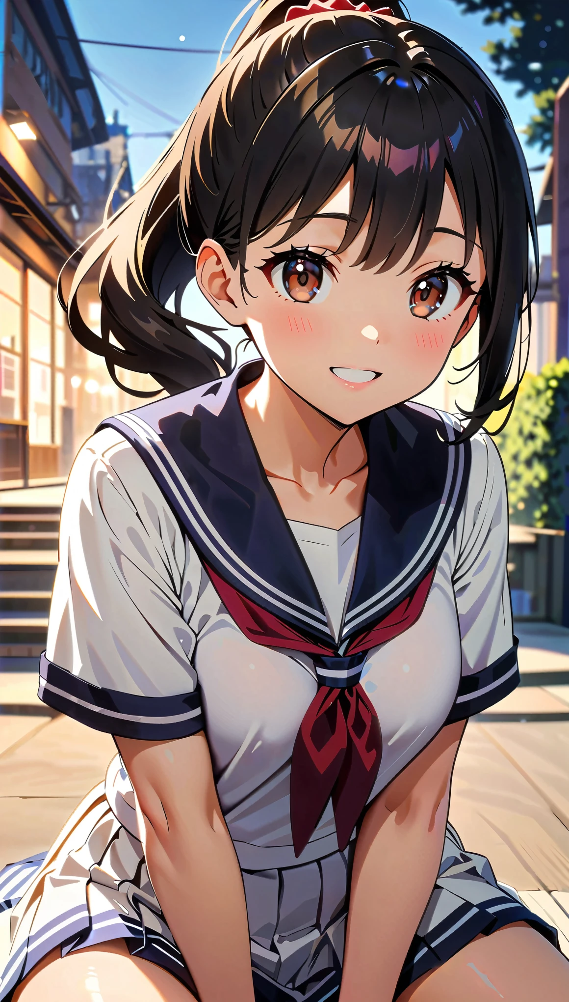 (highest quality, 4k, High resolution, masterpiece:1.2), Very detailed, (anime, animeスタイル:1.37), Cinematic Light, Bright colors and fascinating effects, Soft and delicate lighting, Gentle glow, Lens flare, The whole scene has a beautiful and gentle atmosphere., 1 female, jk, (Black Hair, ponytail, Reddish brown eyes), Happy expression, (Very detailedな顔, Very soft lips detail, Fine grain, double eyelid, Random Pause:1.5, Black socks, Hands in the crotch, Cowboy Shot, Sailor suit, Glowing Skin, Perfect Fingers, Five Fingers, Anatomically correct, Background bokeh,