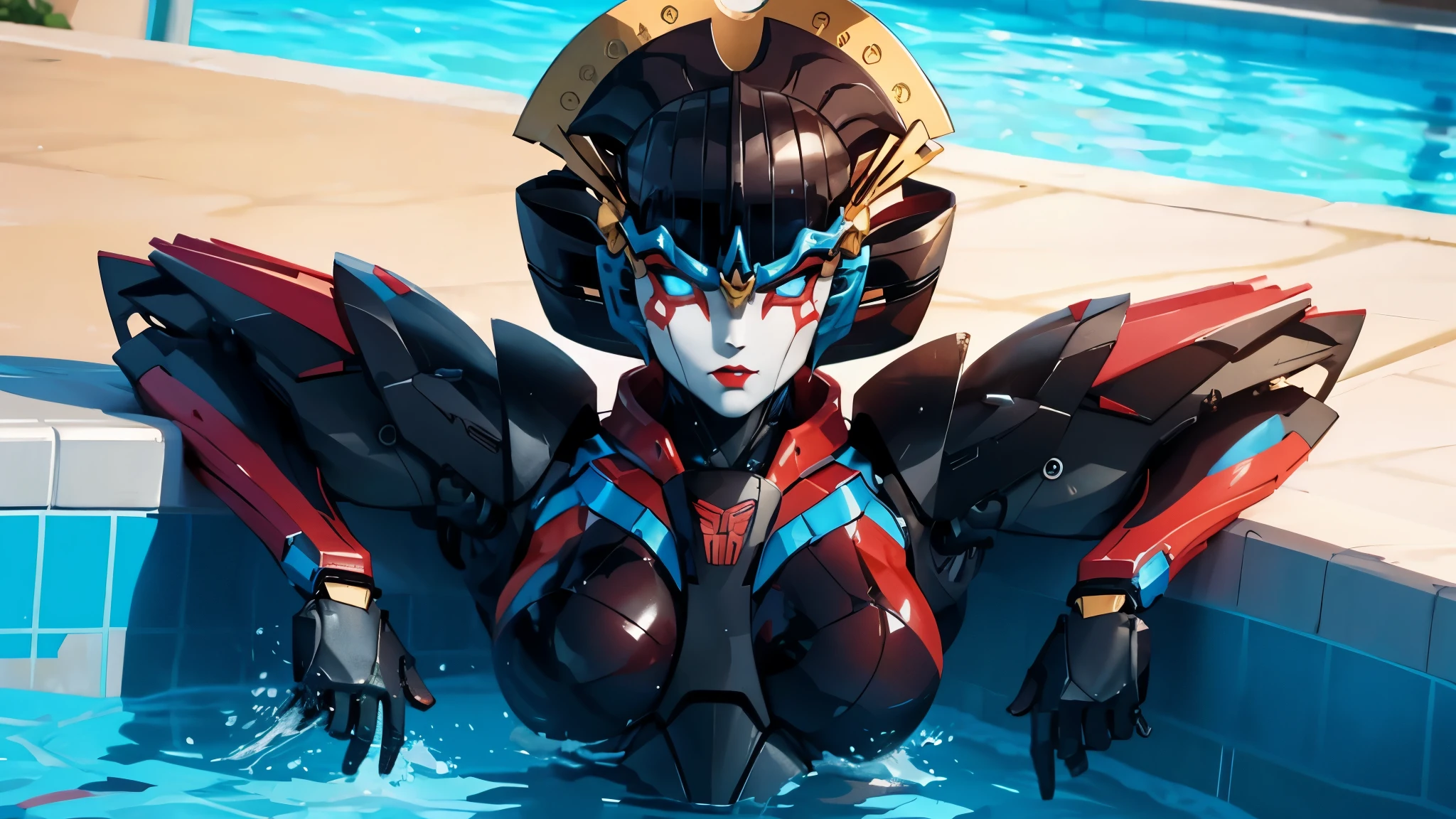 windblade, robot, mecha, autobot, sexy pose, relaxing by a swimming pool