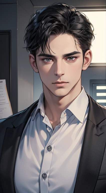 (best quality, masterpiece, 8K, photorealistic, cinematic lighting, hdr image, ultra detailed, beautiful image), 1 man, 31 years old, mature man, very handsome, (without expression, serious), short black hair, black eyes ( penetrating gaze), perfect face without errors, imposing posture, without errors, businessman, office background