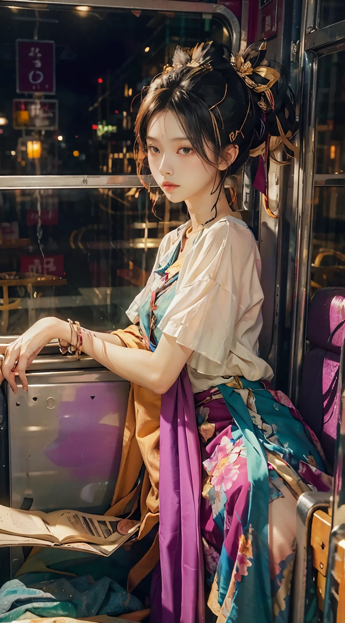 After work, home, on the way, on the bus, it's raining outside,vivid colors,High saturation,Highlight,