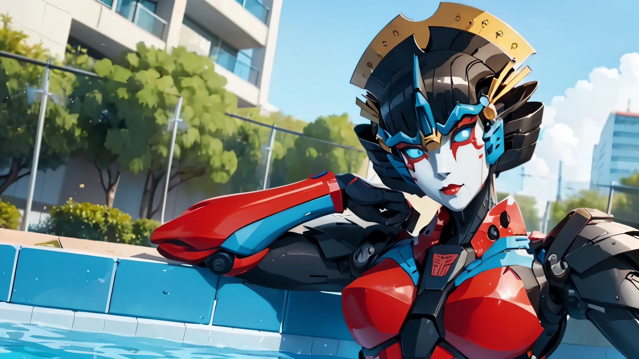 windblade, robot, mecha, autobot, sexy pose, relaxing by a swimming pool