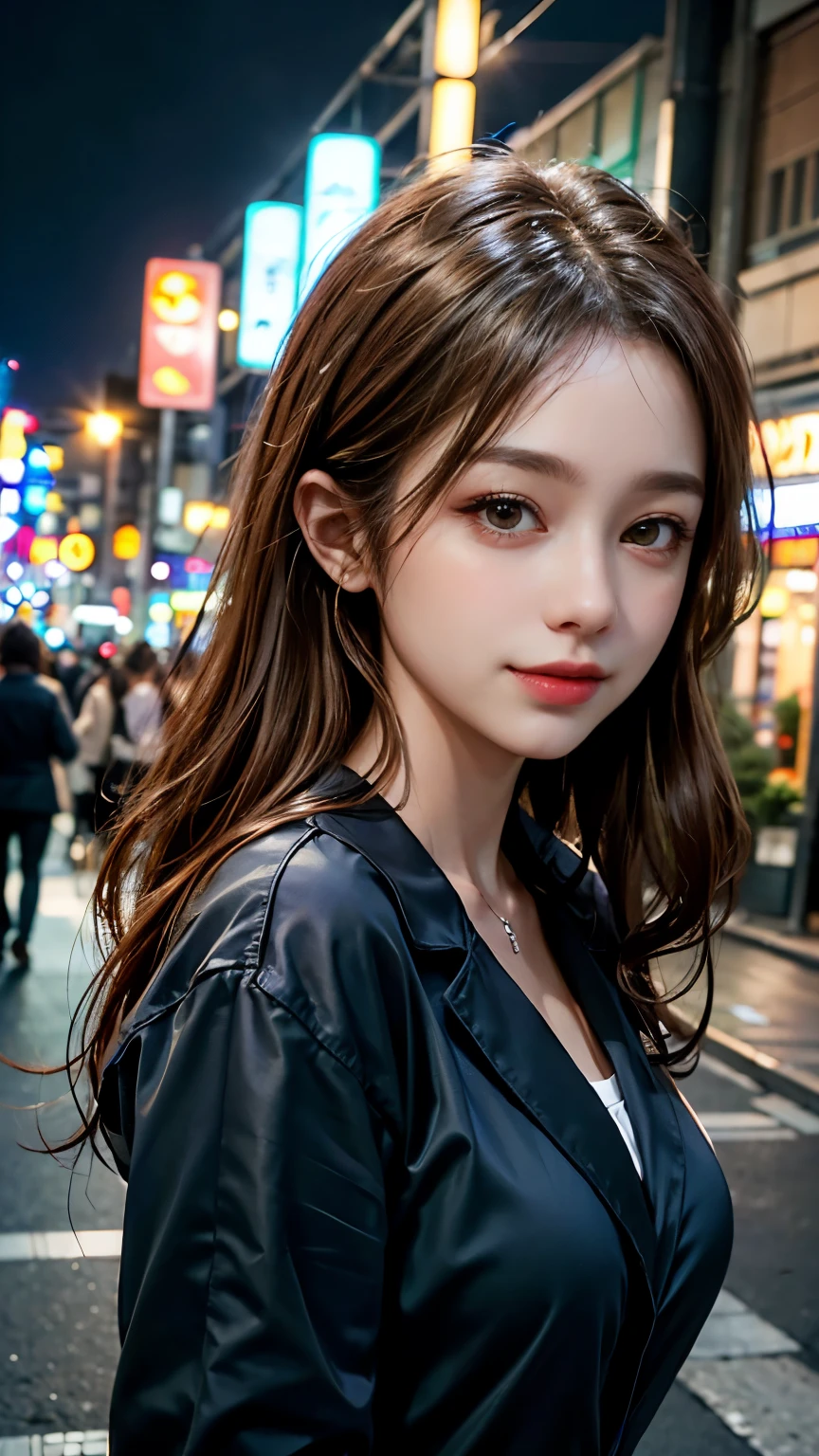 1 girl, Tokyo Street,night, Streetscape,City lights,Upper Body,close,smile,, (8k, RAW Photos, highest quality, masterpiece:1.2),(Realistic, photo-Realistic:1.37),