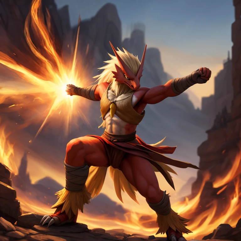 top quality, high-quality illustrations, the beautiful depiction of light seen in Vermeer's works, Landscapes inspired by biblical themes depicted by Leonardo da Vinci((masterpiece))absurdres, Perfect Anatomy, blaziken, full body, smoke, magic(Fighting Pose)((dramatic))epic, motion blur, depth of field, bokeh, 4k,