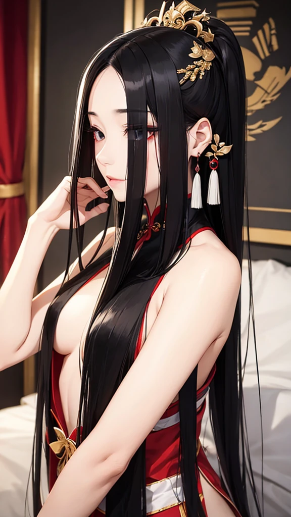 Long straight black hair, flat chest, hairpin, hairpin, Chinese imperial concubine&#39;s clothing, embroidered shoes, lying in a Chinese palace