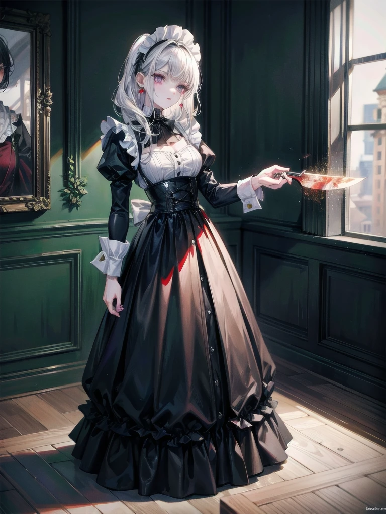 full body shot, sickly maid, bloody axe, mansion, hall, absurdres, RAW photo, extremely delicate and beautiful, masterpiece, Best Quality, ultra high resolution, 32k, hyperrealistic, ultra-detailed description, pale skin, 20 years old, detailed beautiful face and eyes, tearful mole, earring, Colossal tits, short medium wavy hair,