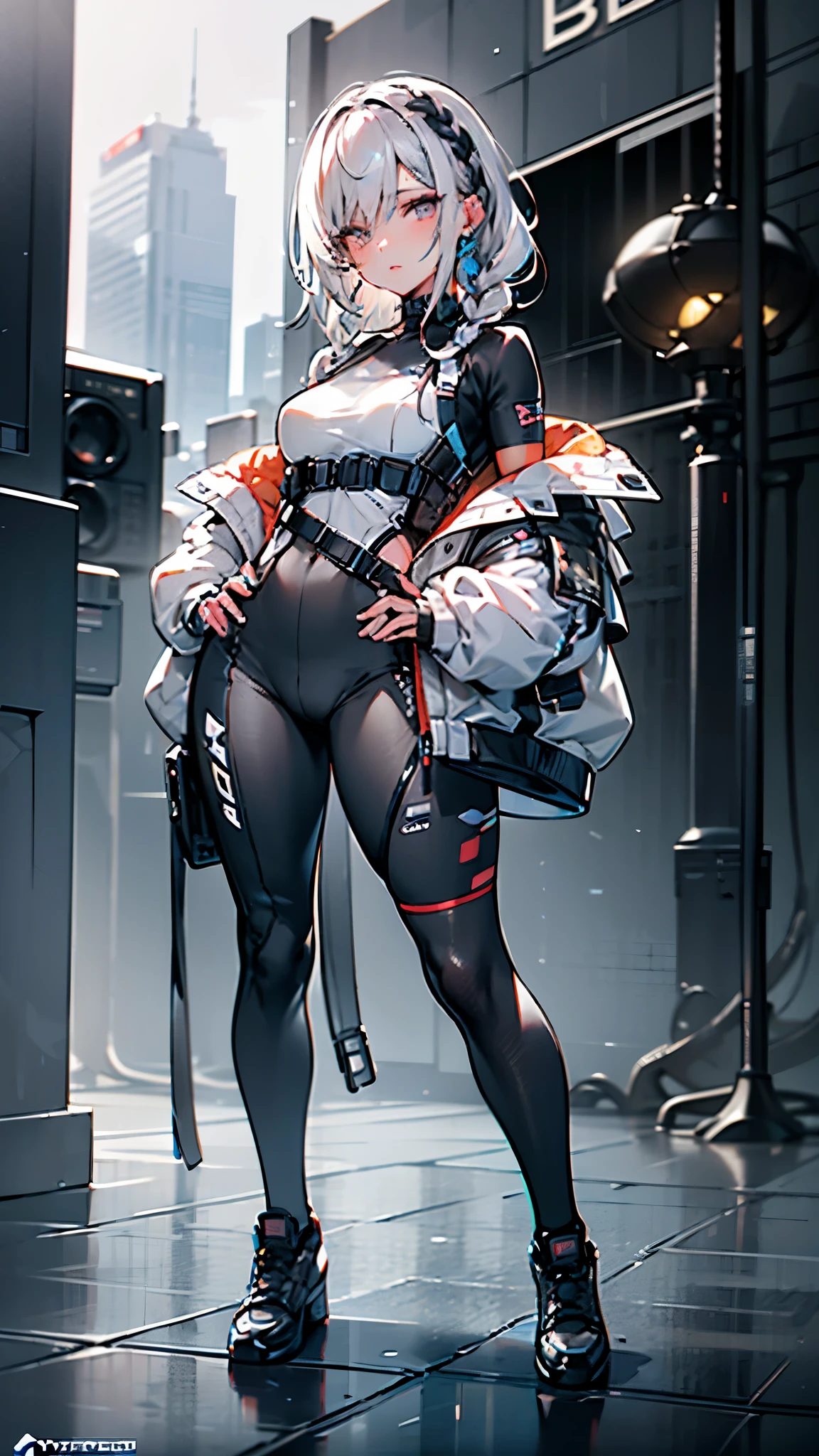 Realistic,masterpiece,best quality,cinematic lighting,natural shadow,highest detail,professional photography,detailed background,depth of field,insane details,intricate,aesthetic,detailed face,subsurface scattering,realistic hair,realistic eyes,
r1ge,1girl,muscular,photo of a girl,20yo,full body,french braid hair,crew cut,looking at viewer,Cyberbike,CyberAircraft,SPMAV,
techwear,
Neonpunkai,