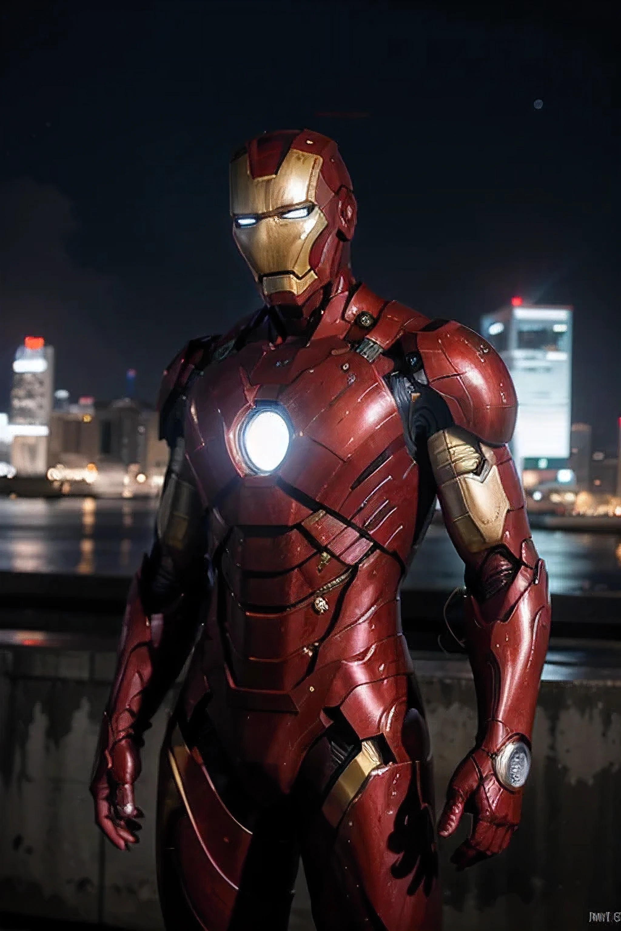 Iron man,iron suit,metallic armor,heroic,advanced technology,superhero,masked character,advanced weaponry,flight capabilities,detailed face,red and gold colors,sad expression,serious expression,deep emotions,viewing the universe,galaxies,stars,sad mood,intense gaze,glowing eyes,tears in eyes,somber atmosphere,loneliness,cosmic background,shining armor,high-tech HUD display,reflective surfaces,modern and sleek design,highly detailed suit,city skyline in the background,skyscrapers,nighttime setting,neon lights,blurred motion effect,ultra-detailed,photorealistic lighting,rich color palette,masterpiece:1.2