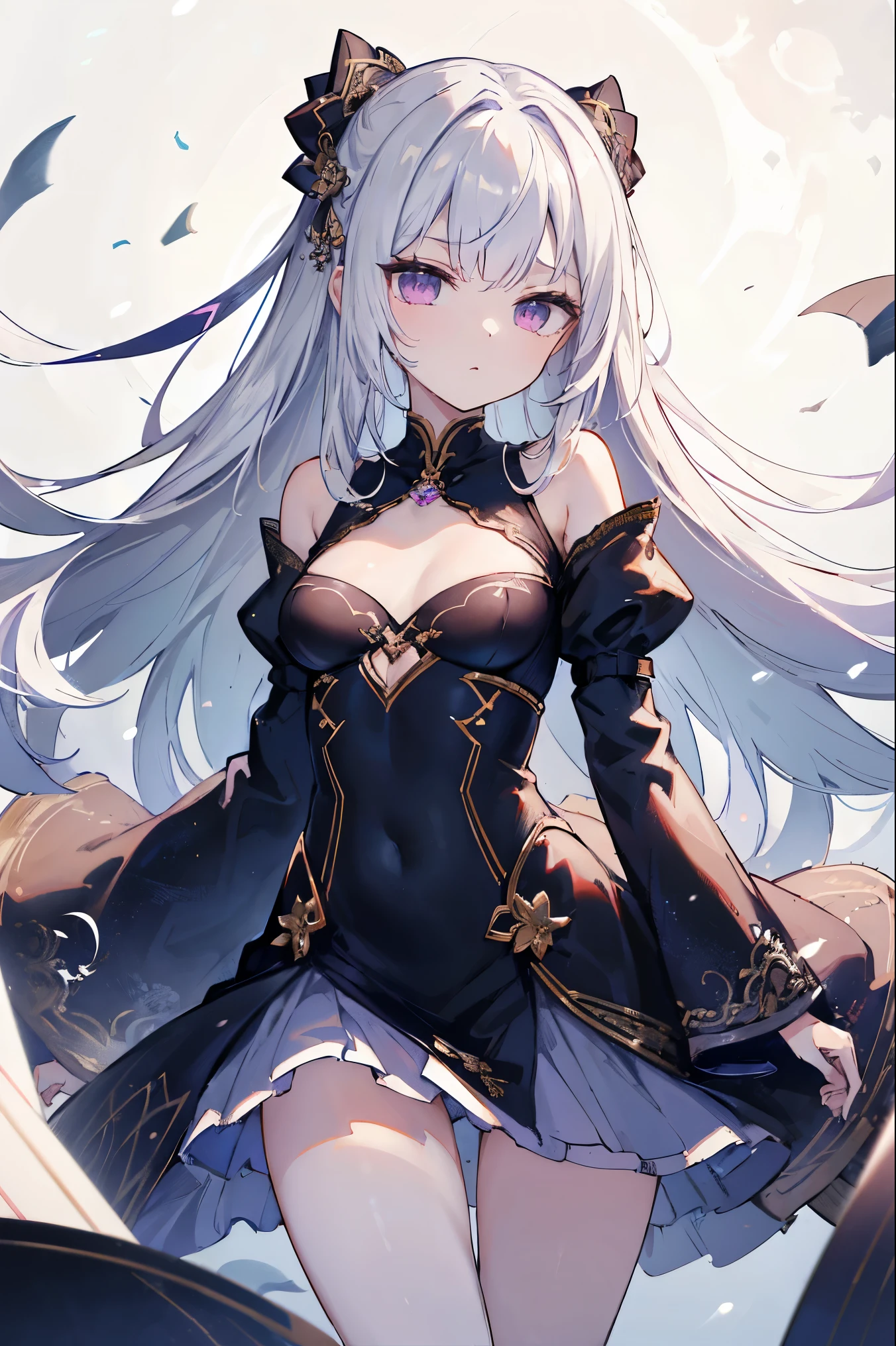 1girl, anime, cute girl, blank background, white background, fantasy, detailed fantasy dress with highlights, beautiful face, beautiful eyes, dark colors, black hair with multicolor streaks, red eye with different color pupil in eye, multicolor eye, medium breasts, slight cleavage, beautiful skin, cute, breast curtains, extremely delicate and beautiful, (beautiful detailed face:1.0), (detailed deep eyes), symmetrical breasts, deep eyes, shiny skin, portrait, slender waist, hips wider than shoulders, thighs, expressionless, young girl, luminous eyes, adorable,(Kpop idol),(aegyo sal:1),(Platinum blonde hair:1),((puffy eye)),Black panty,sexy posture,Superskirt, Ultra-high resolution,Black collar,slim figure, Abdominal y tattoo, womb tattoo,Tight-fitting leg ring,y tattoo on half-body,Bare skin, Armored hand,Hidden fingertips,Hand covered,Arm covered,Fist covered,{{beautiful detailed fingers}}, tufts of hair, moderate beautiful breast:1.0,(masterpiece:1.2), best quality, high-res, HDR, perfect face, intricate armor, delicate blue filigree, intricate filigree, red metalic parts, detailed part, dynamic pose, dynamic lights, cute face, neutral expression, shuimobysim, lotus, hanfu, maxi skirt, dress conservatively 1girl, solo, long blue hair, standing, One lady,14years,((White hair) ,((Normal breasts)), (Shiny purple bodysuit with microskirt),((Fantasy, Moon Night))