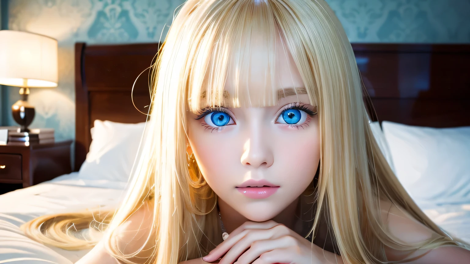 A very white and beautiful 20-year-old blonde girl、Mastepiece, Best Quality, Illustration, Ultra-detailed fine details, Natural platinum blonde with a natural shine、Super long straight silky hair、Super long Rapunzel hair、disheveled bangs above the eyes,、Bangs that cover the face、Hair worn in front、High resolution, 8K Denden Wallpaper, Perfect dynamic composition, Beautifully detailed large light blue eyes , Very big eyes、of hotel(Bed)、Small Face Beauty、Round face、On all fours、Double eyelids