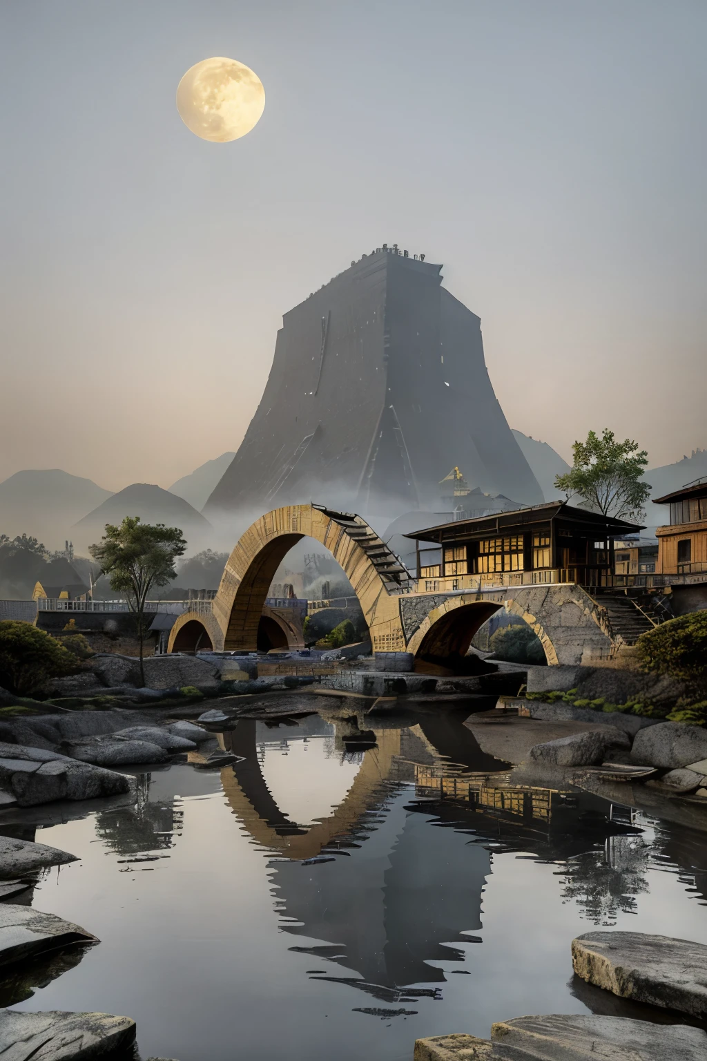 Wall mural style with gold-colored paint,Scenery of the Jiangnan water towns,Huizhou-style architecture,trees,houses,mountains,moon,clouds,moonlight,river,reflection,arch bridge,steps,pavilion,moss,rocks,sky,cloud,fog,
