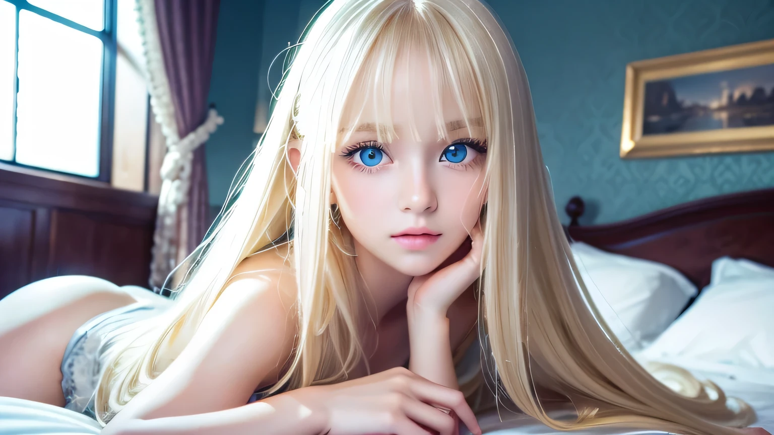 A very white and beautiful 20-year-old blonde girl、Mastepiece, Best Quality, Illustration, Ultra-detailed fine details, Natural platinum blonde with a natural shine、Super long straight silky hair、Super long Rapunzel hair、disheveled bangs above the eyes,、Bangs that cover the face、Hair worn in front、High resolution, 8K Denden Wallpaper, Perfect dynamic composition, Beautifully detailed large light blue eyes , Very big eyes、of hotel(Bed)、Small Face Beauty、Round face、On all fours、Double eyelids