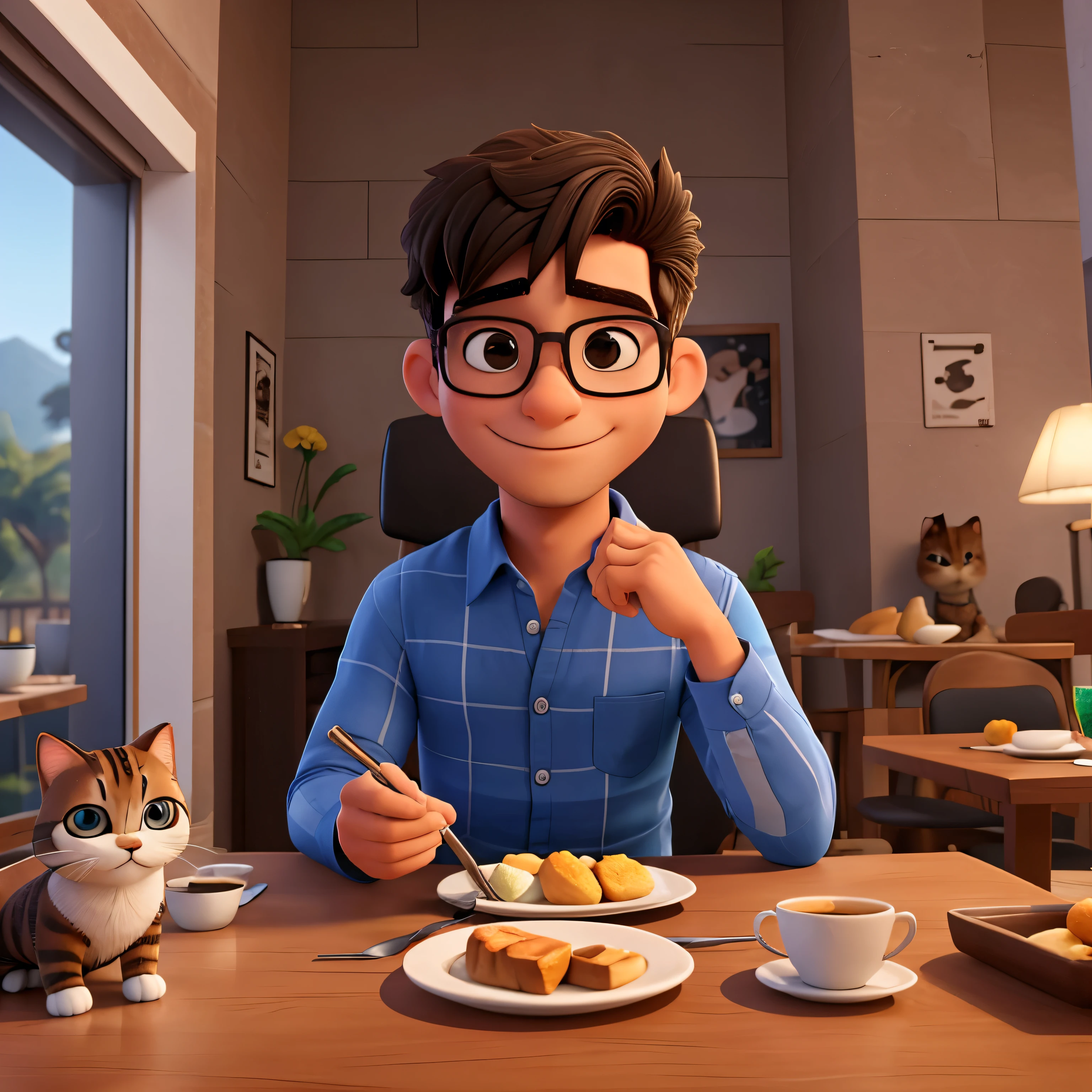 melhor qualidade, high resolution, imagem distinta, jovem, masculino, gordinho, with glasses, alto, cabelo curto e preto camisa social, suspensorio, dress pants, sapato social, sitting at the breakfast table with your cat, drinking coffee, gatos, preto, laranja e branco, roronando, em cima da mesa