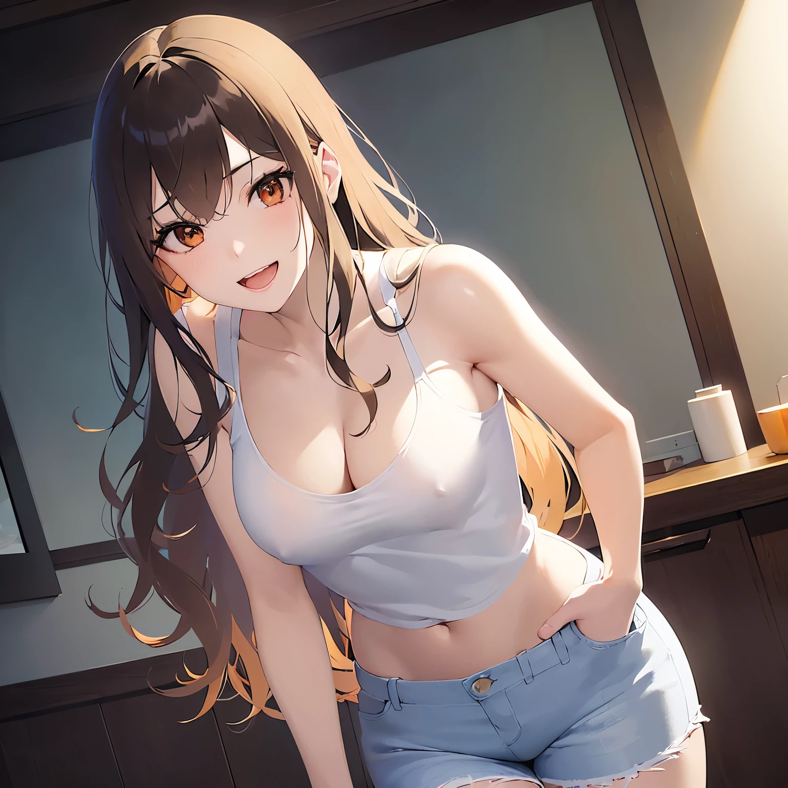 cinematic angle, side angle, hand on hip、leaning forward, side angle, Cleavage、Upper Body, Realistic, real person, (pale skin: 1.2), RAW photo, photorealistic, shiny skin, shiny hair、(A 25-year-old woman with medium-length hair and bangs) and (wavy hair) and (brown hair) and (orange eyes) , Wearing a white tank top 、Wearing denim、smile, open mouth, The background is the living room、Alone、