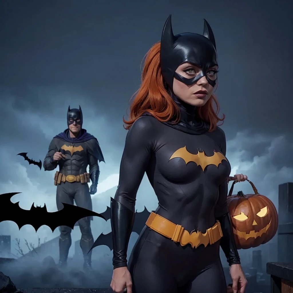 (best quality,4k,highres,masterpiece:1.2),ultra-detailed,(realistic,photorealistic,photo-realistic:1.37),((batman and batgirl halloween, batgirl giving batman a Halloween pumpkin with face of joker on it, happy batgirl, angry batman, standing, side view, full body)), medium:oil painting, gothic style, dark atmosphere, intense shadows, vibrant colors, glowing eyes, spooky background, bats flying, misty ambiance,  mystical aura