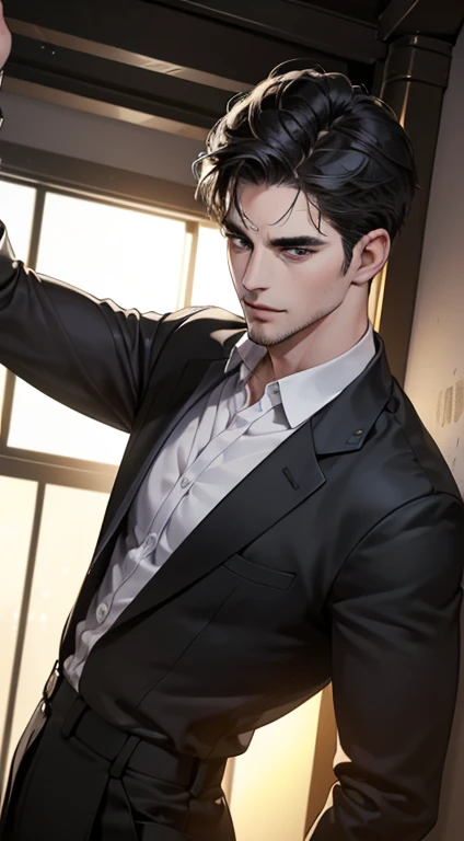 (best quality, masterpiece, 8K, photorealistic, cinematic lighting, hdr image, ultra detailed, beautiful image), 1 man, 31 years old, mature man, very handsome, (without expression, serious), short black hair, black eyes ( penetrating gaze), perfect face without errors, imposing posture, without errors, businessman, office background