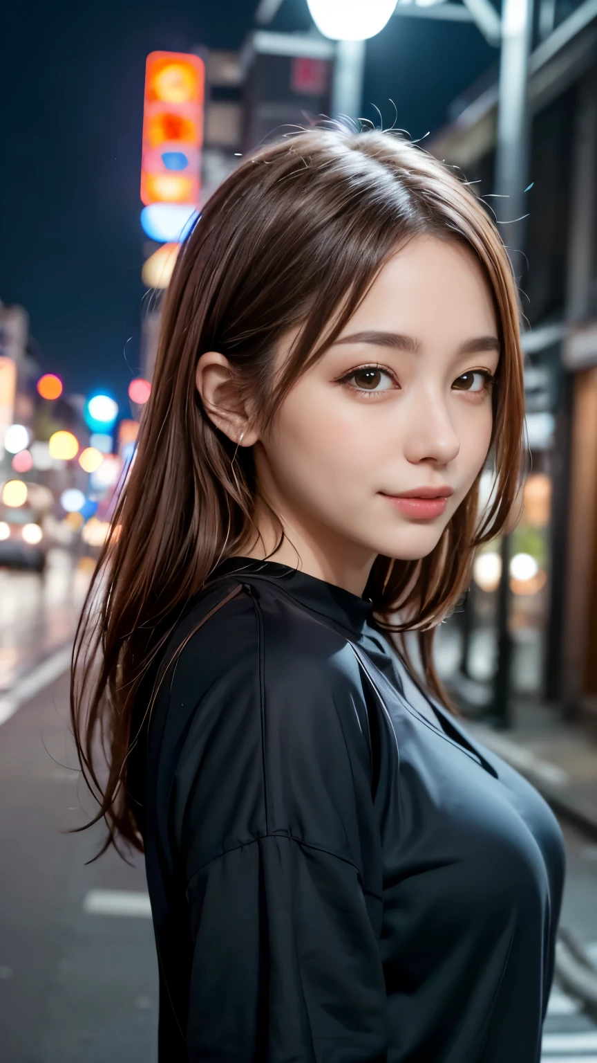 1 girl, Tokyo Street,night, Streetscape,City lights,Upper Body,close,smile,, (8k, RAW Photos, highest quality, masterpiece:1.2),(Realistic, photo-Realistic:1.37),