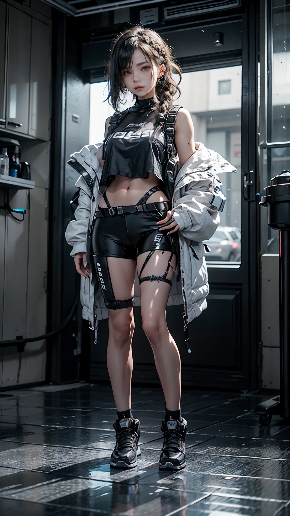 Realistic,masterpiece,best quality,cinematic lighting,natural shadow,highest detail,professional photography,detailed background,depth of field,insane details,intricate,aesthetic,detailed face,subsurface scattering,realistic hair,realistic eyes,
r1ge,1girl,muscular,photo of a girl,20yo,full body,french braid hair,crew cut,looking at viewer,Cyberbike,CyberAircraft,SPMAV,
techwear,
Neonpunkai,