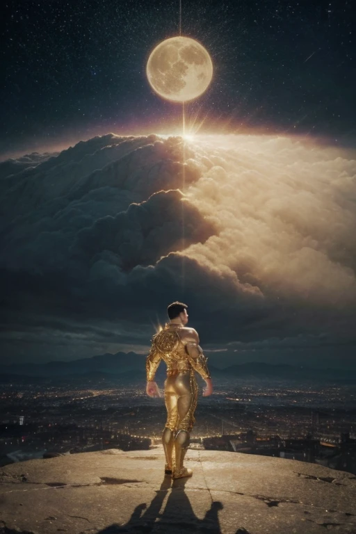 full body photorealistic very handsome God of sun  ,super ripped abs buff body, standing gold latex shiny suits with thick filigree circle designs, with a super bulge, concentrated and dramatic face, dream vision, extremely realistic, perfect face, perfect eyes, masterpiece, artwork of intricate art, arts station. 4K HD, dark night light, dynamic, dynamic pose, action, motion blur, wide angle, cinematic lighting, post processing, dramatic compositing, dramatic view, dramatic angle view,, Majestic Moon as the backgroud with cloud and rays