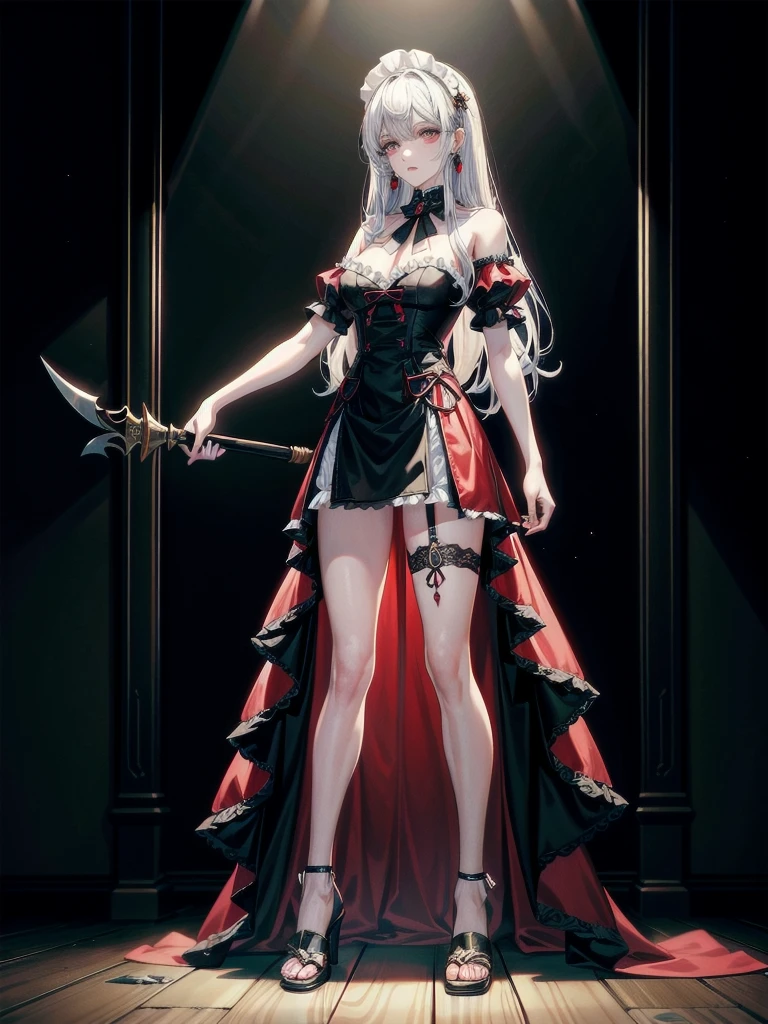 full body shot, sickly maid, y axe, mansion, hall, absurdres, RAW photo, extremely delicate and beautiful, masterpiece, Best Quality, ultra high resolution, 32k, hyperrealistic, ultra-detailed description, pale skin, 20 years old, detailed beautiful face and eyes, tearful mole, earring, Colossal tits, short medium wavy hair, 