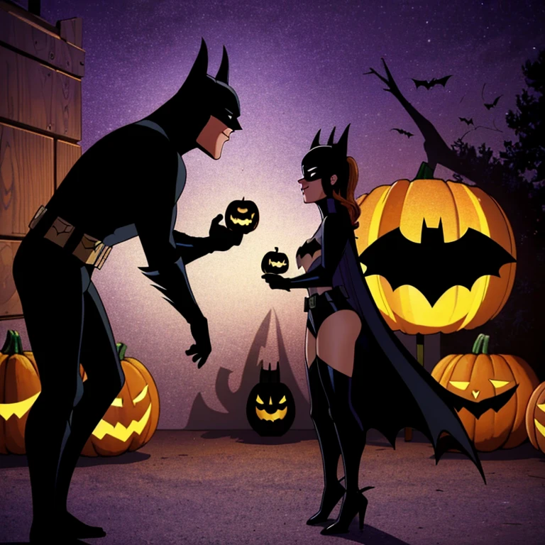 (best quality,4k,highres,masterpiece:1.2),ultra-detailed,(realistic,photorealistic,photo-realistic:1.37),((batman and batgirl halloween, batgirl giving batman a Halloween pumpkin with face of joker on it, happy batgirl, angry batman, standing, side view, full body)), medium:oil painting, gothic style, dark atmosphere, intense shadows, vibrant colors, glowing eyes, spooky background, bats flying, misty ambiance,  mystical aura