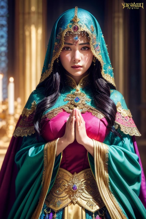 Fantasy art, Colorful costumes, mystery, luxury, strict, fantasy, soft, hope, Woman Praying, Facing the photographer, (Raise your gaze:1.2) (Accurate and detailed hands and fingers)