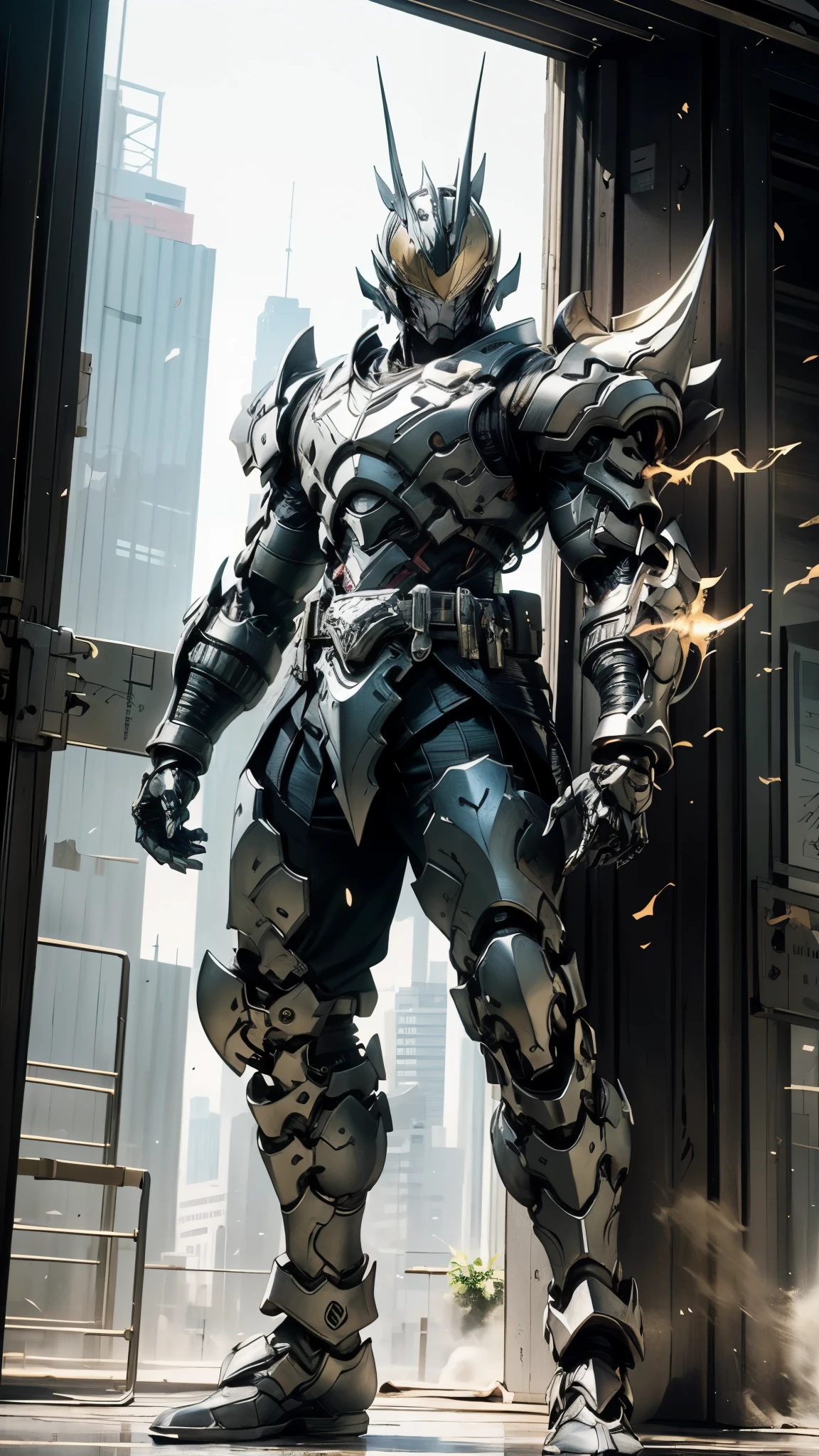 A man wearing a full-face helmet, a fantasy-style biomecha armored combat suit, green eyes, a composite layered chest armor, fully enclosed shoulder guards, matching arm and leg guards, the belt is adorned with dragon claw grasping orbs, primarily black with red accents, the design balances heavy with agility, a high-tech biological armor, (concept inspired by dragons, stand on the top of a skyscraper in a futuristic sci-fi city), this character embodies a finely crafted fantasy-surreal style armored hero in anime style, exquisite and mature manga art style, ((male:1.5, element, plasma, energy, the armor glows)), metallic, real texture material, dramatic, high definition, best quality, highres, ultra-detailed, ultra-fine painting, extremely delicate, professional, perfect body proportions, golden ratio, anatomically correct, symmetrical face, extremely detailed eyes and face, high quality eyes, creativity, RAW photo, UHD, 32k, Natural light, cinematic lighting, masterpiece-anatomy-perfect, masterpiece:1.5