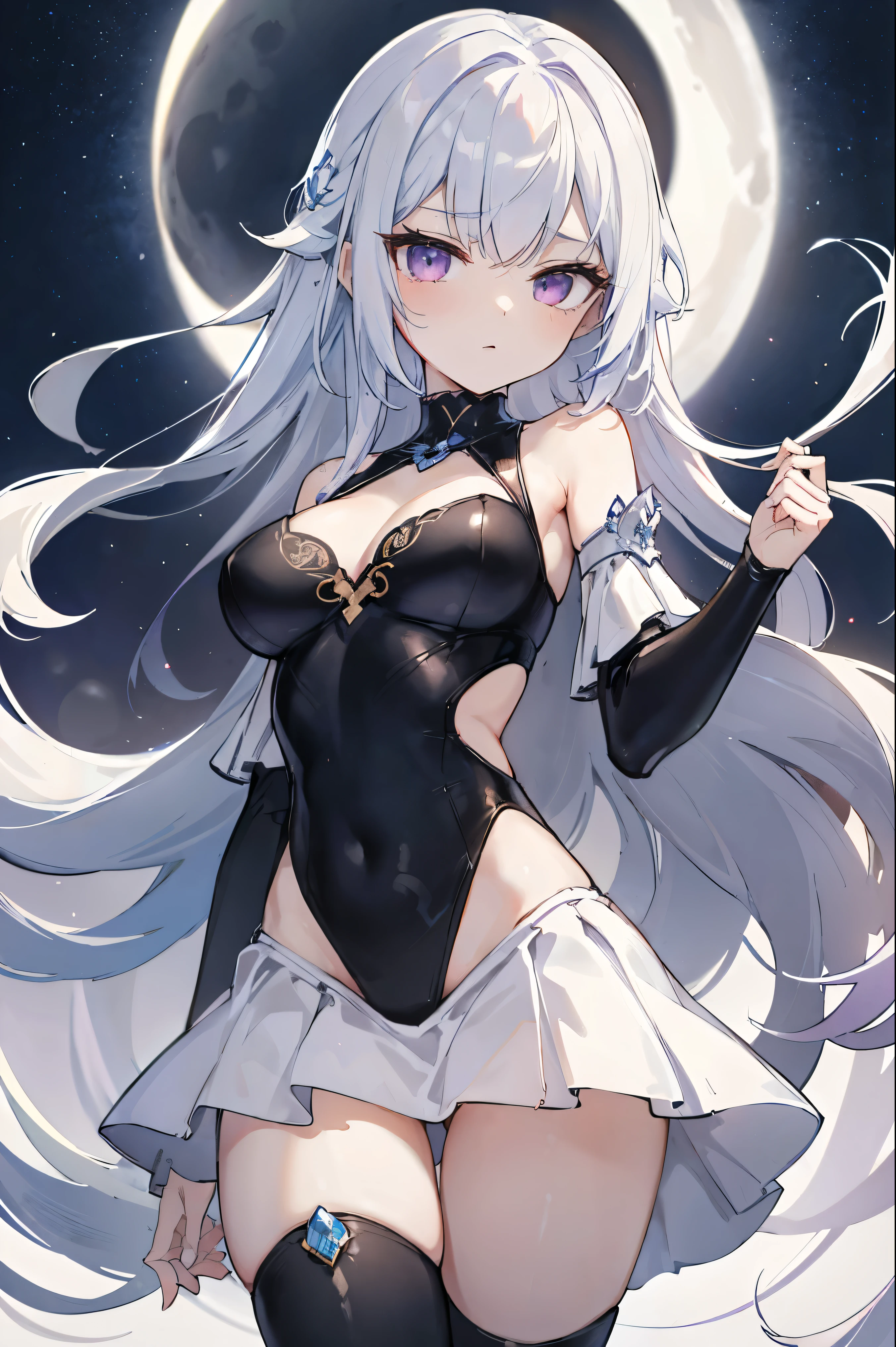 1girl, anime, cute girl, blank background, white background, fantasy, detailed fantasy dress with highlights, beautiful face, beautiful eyes, dark colors, black hair with multicolor streaks, red eye with different color pupil in eye, multicolor eye, medium breasts, slight cleavage, beautiful skin, cute, breast curtains, extremely delicate and beautiful, (beautiful detailed face:1.0), (detailed deep eyes), symmetrical breasts, deep eyes, shiny skin, portrait, slender waist, hips wider than shoulders, thighs, expressionless, young girl, luminous eyes, adorable，（Kpop idol）,（aegyo sal：1），（Platinum blonde hair：1），（（puffy eye）），Black panty，sexy posture，Superskirt, Ultra-high resolution，Black collar，slim figure, Abdominal y tattoo, womb tattoo，Tight-fitting leg ring，y tattoo on half-body，Bare skin, Armored hand，Hidden fingertips，Hand covered，Arm covered，Fist covered,{{beautiful detailed fingers}}, tufts of hair, moderate beautiful breast:1.0,(masterpiece:1.2), best quality, high-res, HDR, perfect face, intricate armor, delicate blue filigree, intricate filigree, red metalic parts, detailed part, dynamic pose, dynamic lights, cute face, neutral expression, shuimobysim, lotus, hanfu, maxi skirt, dress conservatively 1girl, solo, long blue hair, standing, One lady,14years,((White hair) ,((Normal breasts)), (Shiny purple bodysuit with microskirt),((Fantasy, Moon Night))