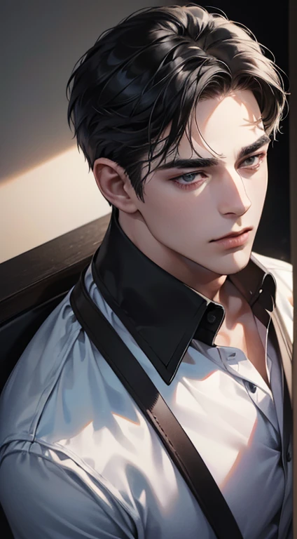 (best quality, masterpiece, 8K, photorealistic, cinematic lighting, 1:4 hdr image, top view, ultra detailed, beautiful image), a mature man, very handsome, short black hair, black eyes, perfect face without errors , (CEO)