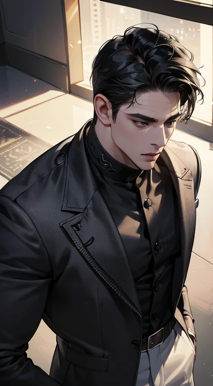 (best quality, masterpiece, 8K, photorealistic, cinematic lighting, 1:4 hdr image, top view, ultra detailed, beautiful image), a mature man, very handsome, short black hair, black eyes, perfect face without errors , (CEO)