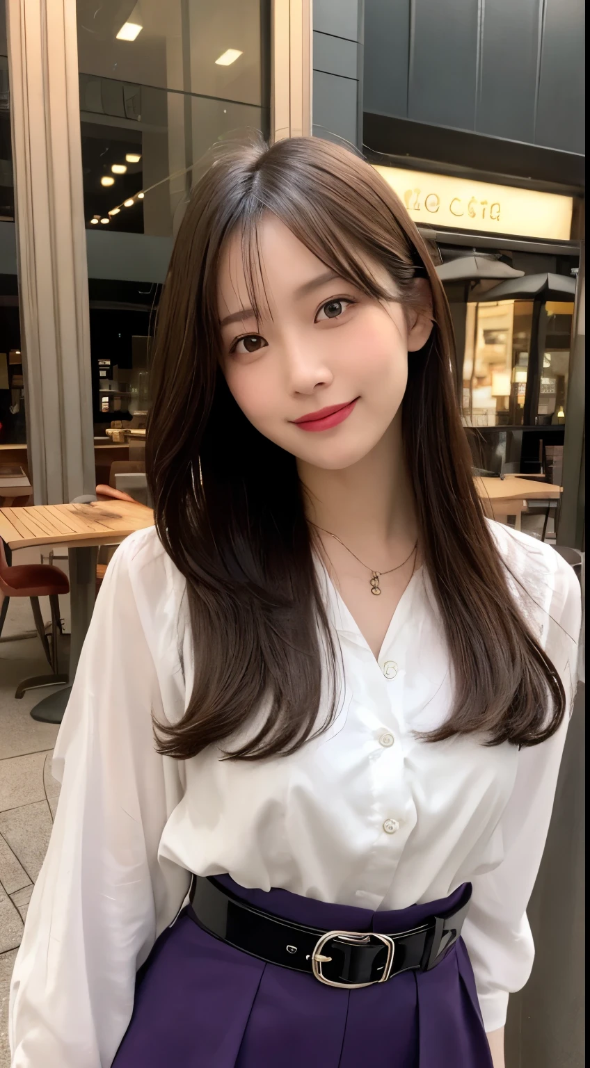 Tabletop、highest quality、Genuine、Very detailed、finely、High resolution、8k wallpaper、One beautiful woman、light brown disheveled hair、Sharp focus、Perfect dynamic composition、Beautiful and detailed、Thinning hair、詳細なGenuineな肌の質感、smile、Close-up portrait、Model Body Type、smile、29-year-old Japanese woman、White shirt、Purple Skirt、Black Patent Leather Belt、necklace,tote bag,Straight Long Hair, Center of chest, Natural color lip, Random sexy poses,In front of a cafe near Tokyo Station,The whole body is shown,Anatomically correct body
