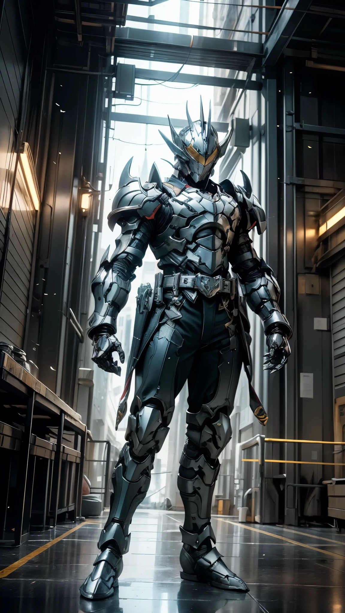 A man wearing a full-face helmet, a fantasy-style biomecha armored combat suit, green eyes, a composite layered chest armor, fully enclosed shoulder guards, matching arm and leg guards, the belt is adorned with dragon claw grasping orbs, primarily black with red accents, the design balances heavy with agility, a high-tech biological armor, (concept inspired by dragons, stand on the top of a skyscraper in a futuristic sci-fi city), this character embodies a finely crafted fantasy-surreal style armored hero in anime style, exquisite and mature manga art style, ((male:1.5, element, plasma, energy, the armor glows)), metallic, real texture material, dramatic, high definition, best quality, highres, ultra-detailed, ultra-fine painting, extremely delicate, professional, perfect body proportions, golden ratio, anatomically correct, symmetrical face, extremely detailed eyes and face, high quality eyes, creativity, RAW photo, UHD, 32k, Natural light, cinematic lighting, masterpiece-anatomy-perfect, masterpiece:1.5