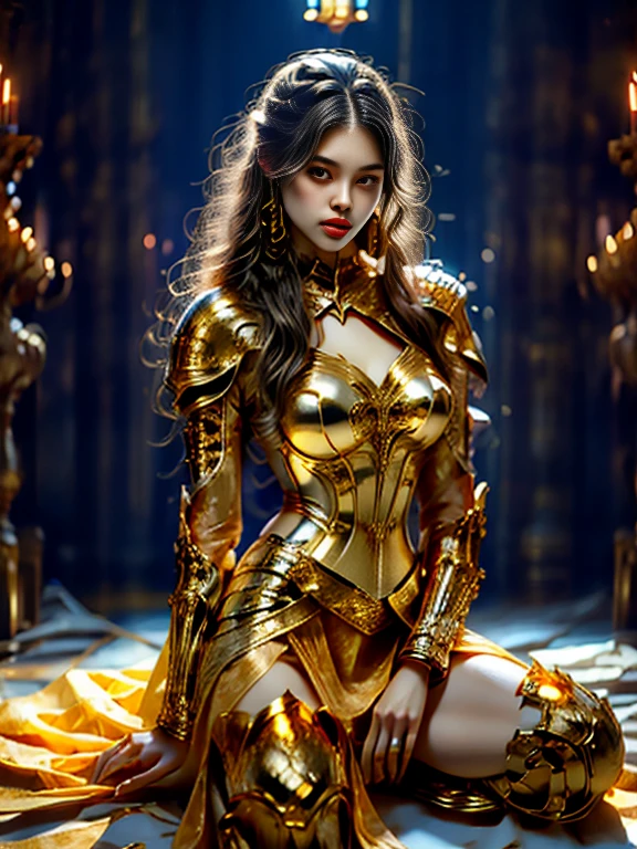 Painting of a woman in armor holding a sword，Golden Armor，Beautiful female knight，Light gold，Gold Obsidian Armor，golden goddess athena，Smooth golden armor，(Knee Shot:1.5)，Sexy，blue eyes，Extra large breasts，Pointy huge breasts gorgeous jewelry，Lips slightly open，Keep your lips elegant and charming，(blush)，Contempt，Calm and handsome，oc rendering reflection texture，Sexy风格，Medieval Castle Background，Slim body，Very small waist，(erect nipples see trough dress)，masterpiece，best quality，high resolution，8K，original photo，real picture，Digital Photography，(UHD, anatomically correct, textured skin, ccurate, award winning)