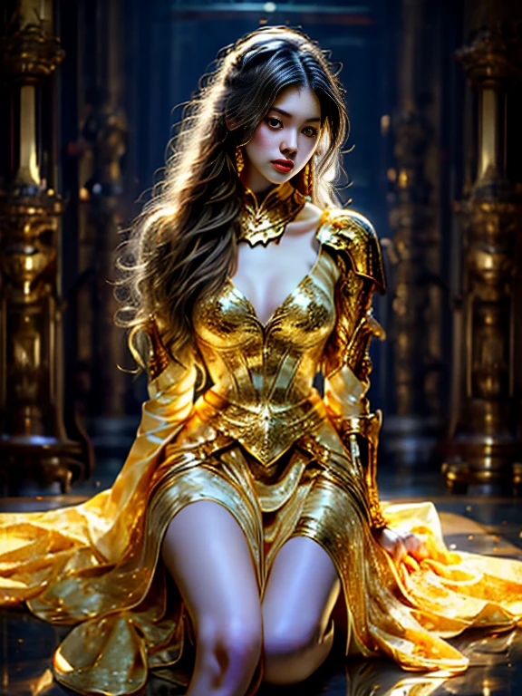 Painting of a woman in armor holding a sword，Golden Armor，Beautiful female knight，Light gold，Gold Obsidian Armor，golden goddess athena，Smooth golden armor，(Knee Shot:1.5)，Sexy，blue eyes，Extra large breasts，Pointy huge breasts gorgeous jewelry，Lips slightly open，Keep your lips elegant and charming，(blush)，Contempt，Calm and handsome，oc rendering reflection texture，Sexy风格，Medieval Castle Background，Slim body，Very small waist，(erect nipples see trough dress)，masterpiece，best quality，high resolution，8K，original photo，real picture，Digital Photography，(UHD, anatomically correct, textured skin, ccurate, award winning)