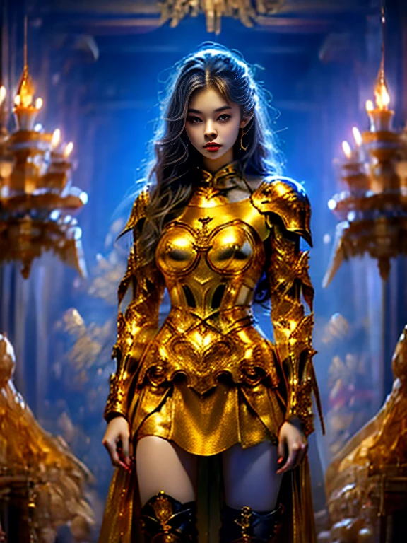 Painting of a woman in armor holding a sword,Golden Armor,Beautiful female knight,Light gold,Gold Obsidian Armor,golden goddess athena,Smooth golden armor,(Knee Shot:1.5),Sexy,blue eyes,Extra large breasts,Pointy huge breasts gorgeous jewelry,Lips slightly open,Keep your lips elegant and charming,(blush),Contempt,Calm and handsome,oc rendering reflection texture,Sexy风格,Medieval Castle Background,Slim body,Very small waist,(erect nipples see trough dress),masterpiece,best quality,high resolution,8K,original photo,real picture,Digital Photography,(UHD, anatomically correct, textured skin, ccurate, award winning)