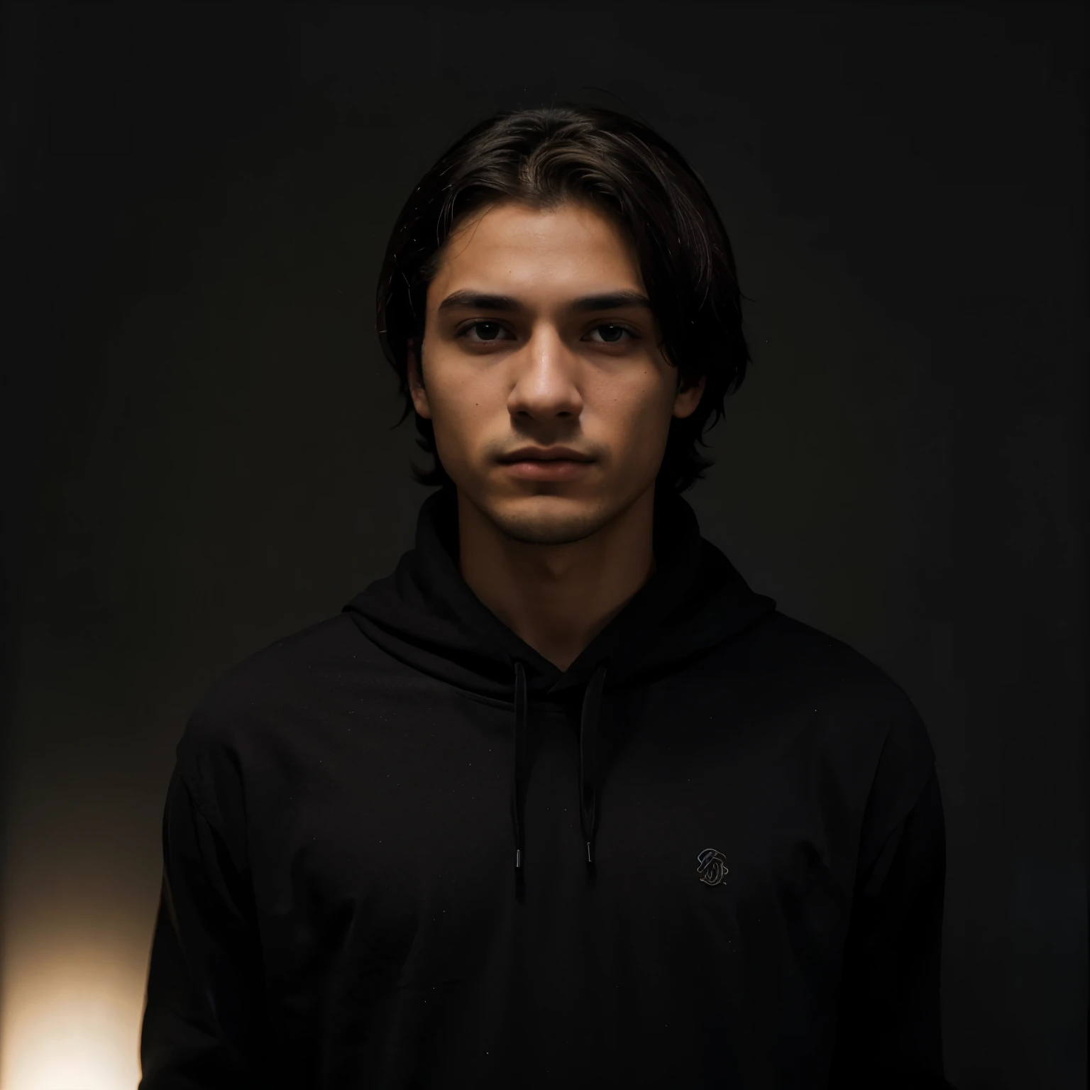 Obra maestra, Imagen detallada, 22 year old boy, parte superior del cuerpo, pelo negro, ojos negros, oscuridad, Usando una sudadera, empty background.