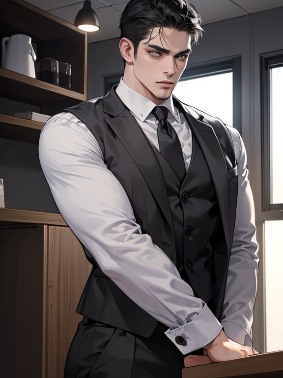 (best quality, masterpiece, 8K, photorealistic, cinematic lighting, hdr image, ultra detailed, beautiful image), 1 man, 31 years old, mature man, very handsome, (without expression, serious), short black hair, black eyes ( penetrating gaze), perfect face without errors, imposing posture, without errors, businessman, office background