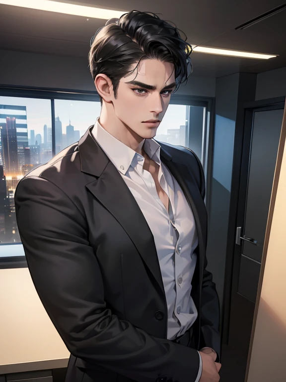 (best quality, masterpiece, 8K, photorealistic, cinematic lighting, hdr image, ultra detailed, beautiful image), 1 man, 31 years old, mature man, very handsome, (without expression, serious), short black hair, black eyes ( penetrating gaze), perfect face without errors, imposing posture, without errors, businessman, office background