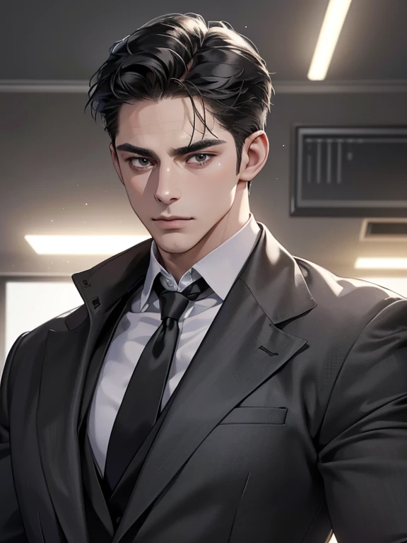 (best quality, masterpiece, 8K, photorealistic, cinematic lighting, hdr image, ultra detailed, beautiful image), 1 man, 31 years old, mature man, very handsome, (without expression, serious), short black hair, black eyes ( penetrating gaze), perfect face without errors, imposing posture, without errors, businessman, office background