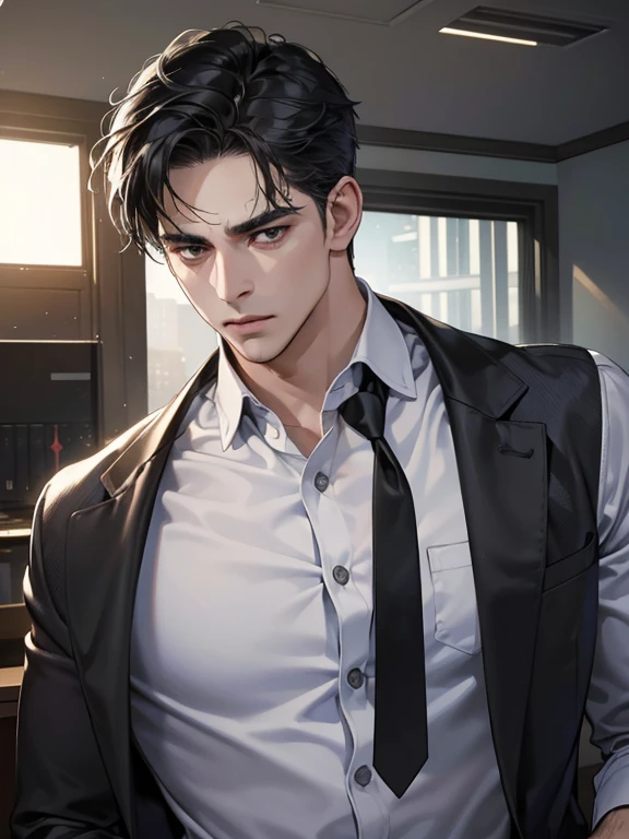 (best quality, masterpiece, 8K, photorealistic, cinematic lighting, hdr image, ultra detailed, beautiful image), 1 man, 31 years old, mature man, very handsome, (without expression, serious), short black hair, black eyes ( penetrating gaze), perfect face without errors, imposing posture, without errors, businessman, office background