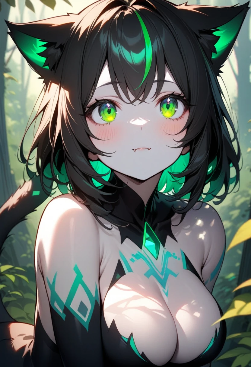 1girl, beautiful, young woman with cat ears, pale skin, long black hair streaked with emerald green, delicate tattoos mimicking shadowcat markings, wearing no clothes, curvaceous, elegant, large emerald green eyes, long dark eyelashes, delicate features, slight blush on cheeks, small fangs, slender tail with black fur, sharp claws, sitting submissively, looking up adoringly, ethereal aura, dappled sunlight filtering through leaves, forest background, curvaceous, upper body, delicate features, masterpiece, best quality